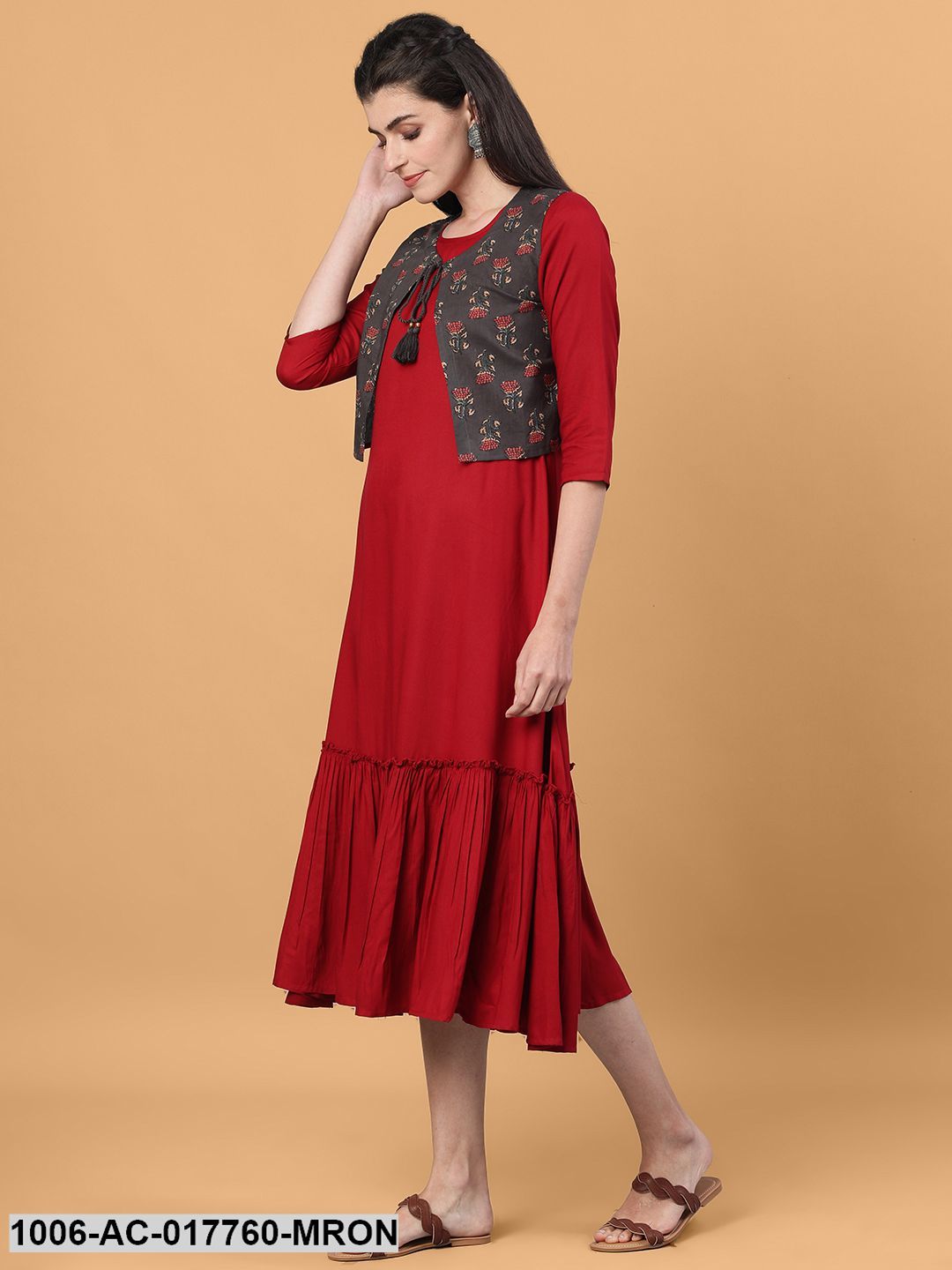 Printed Flared Calf Length 3/4 Sleeve Round Neck Rayon Dress