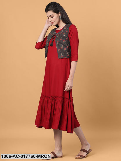 Printed Flared Calf Length 3/4 Sleeve Round Neck Rayon Dress
