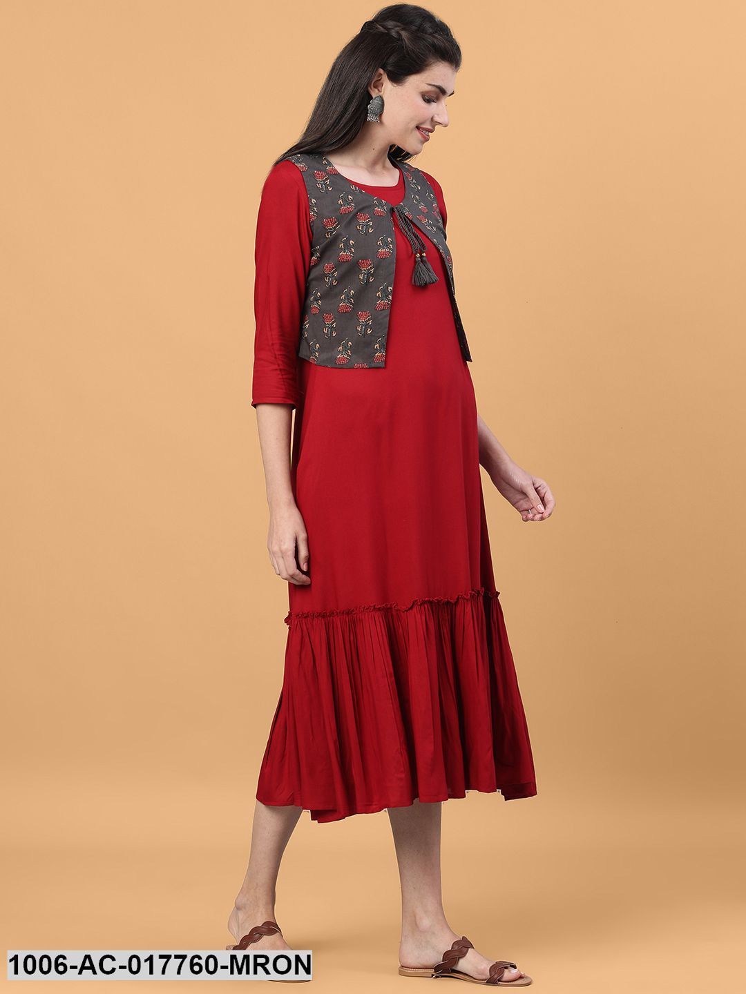 Printed Flared Calf Length 3/4 Sleeve Round Neck Rayon Dress