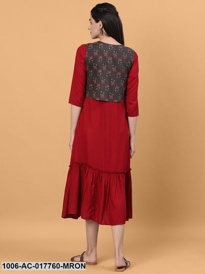 Printed Flared Calf Length 3/4 Sleeve Round Neck Rayon Dress