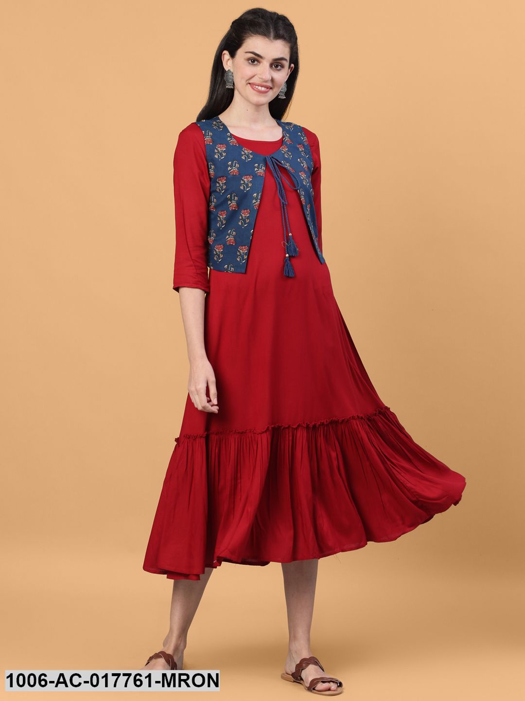 Printed Flared Calf Length 3/4 Sleeve Round Neck Rayon Dress