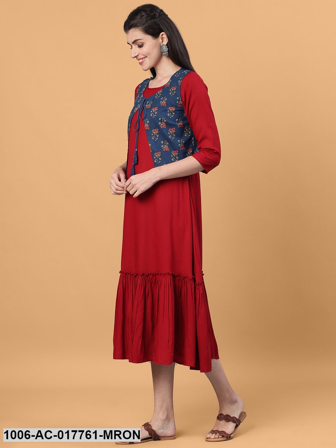Printed Flared Calf Length 3/4 Sleeve Round Neck Rayon Dress
