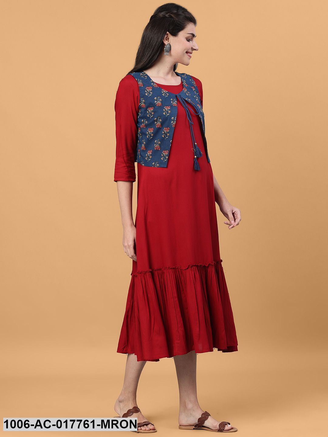 Printed Flared Calf Length 3/4 Sleeve Round Neck Rayon Dress