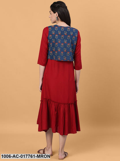 Printed Flared Calf Length 3/4 Sleeve Round Neck Rayon Dress