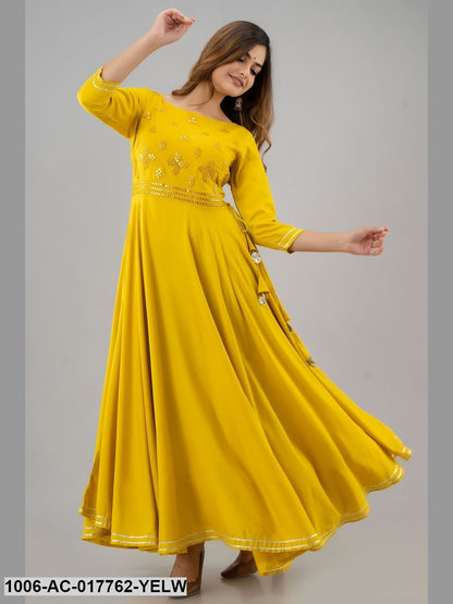 Mirror Work Flared Full Length 3/4 Sleeve Round Neck Rayon Dress