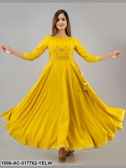 Mirror Work Flared Full Length 3/4 Sleeve Round Neck Rayon Dress