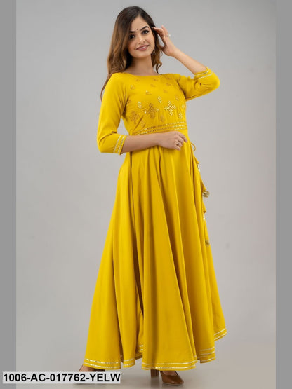 Mirror Work Flared Full Length 3/4 Sleeve Round Neck Rayon Dress