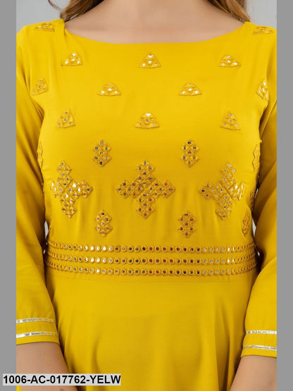 Mirror Work Flared Full Length 3/4 Sleeve Round Neck Rayon Dress