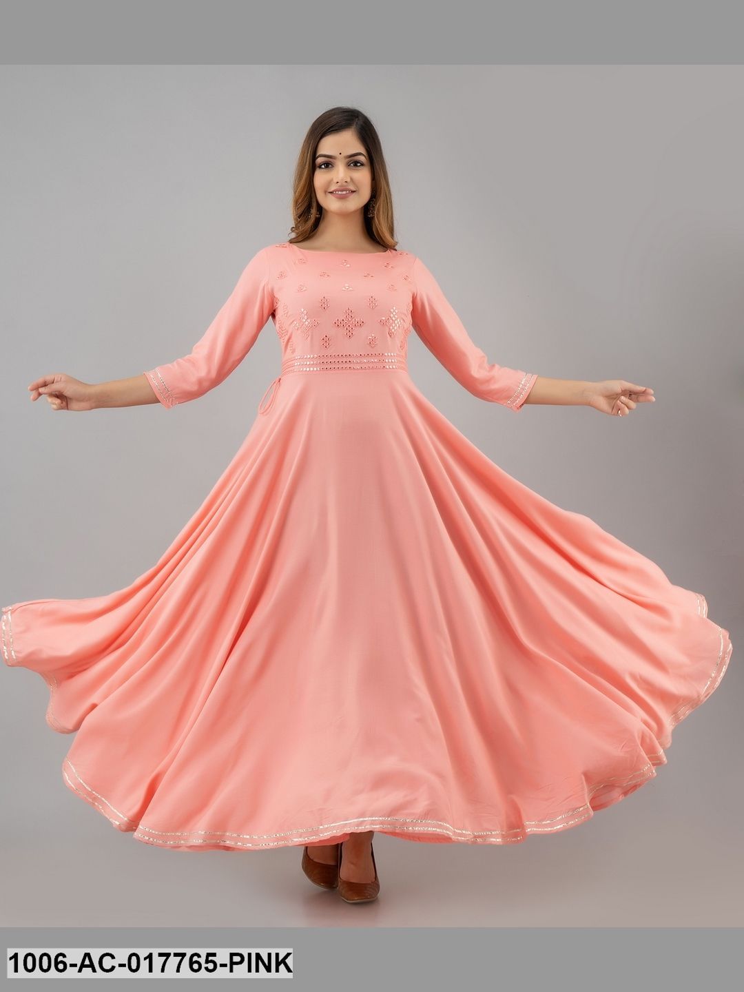 Mirror Work Flared Full Length 3/4 Sleeve Round Neck Rayon Dress
