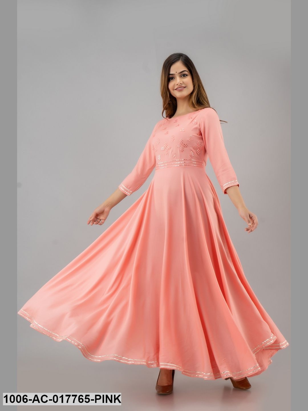 Mirror Work Flared Full Length 3/4 Sleeve Round Neck Rayon Dress