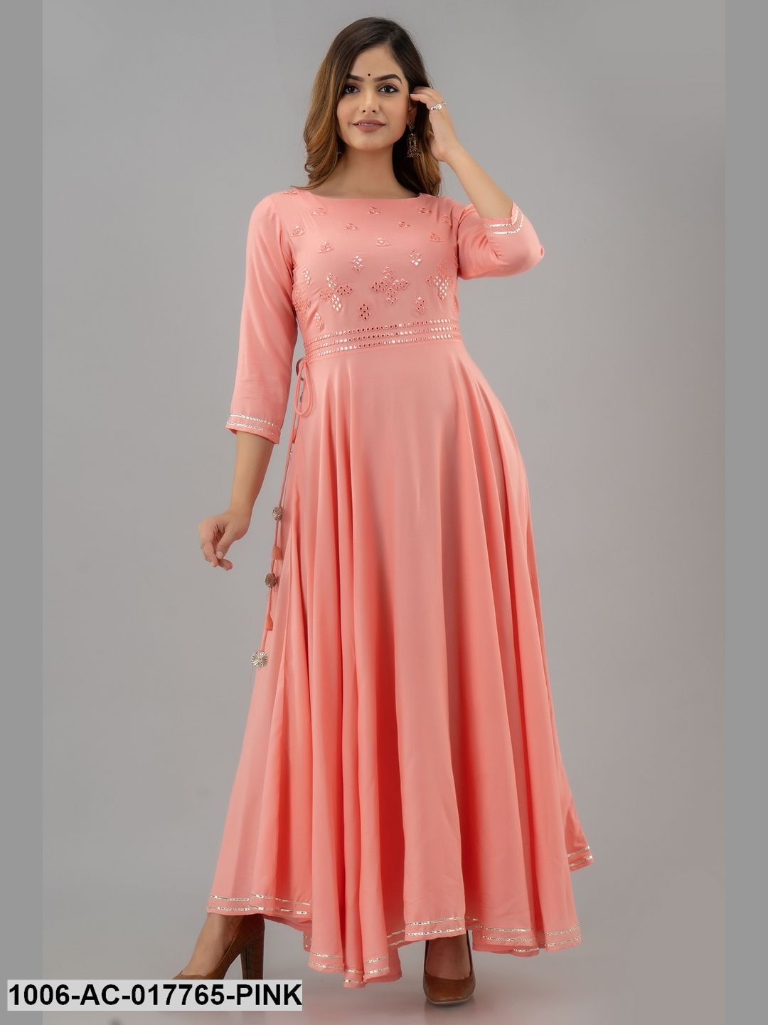 Mirror Work Flared Full Length 3/4 Sleeve Round Neck Rayon Dress