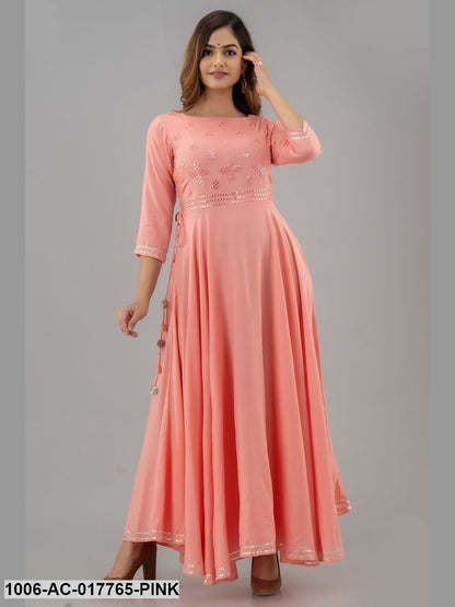 Mirror Work Flared Full Length 3/4 Sleeve Round Neck Rayon Dress