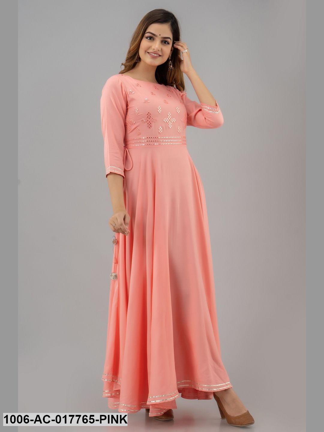 Mirror Work Flared Full Length 3/4 Sleeve Round Neck Rayon Dress