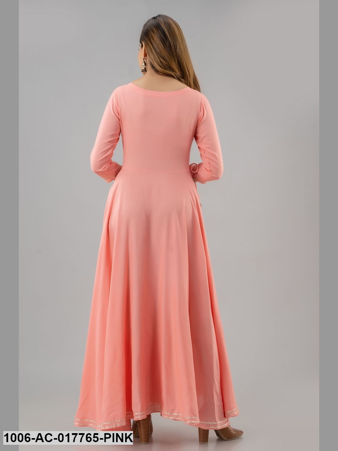 Mirror Work Flared Full Length 3/4 Sleeve Round Neck Rayon Dress