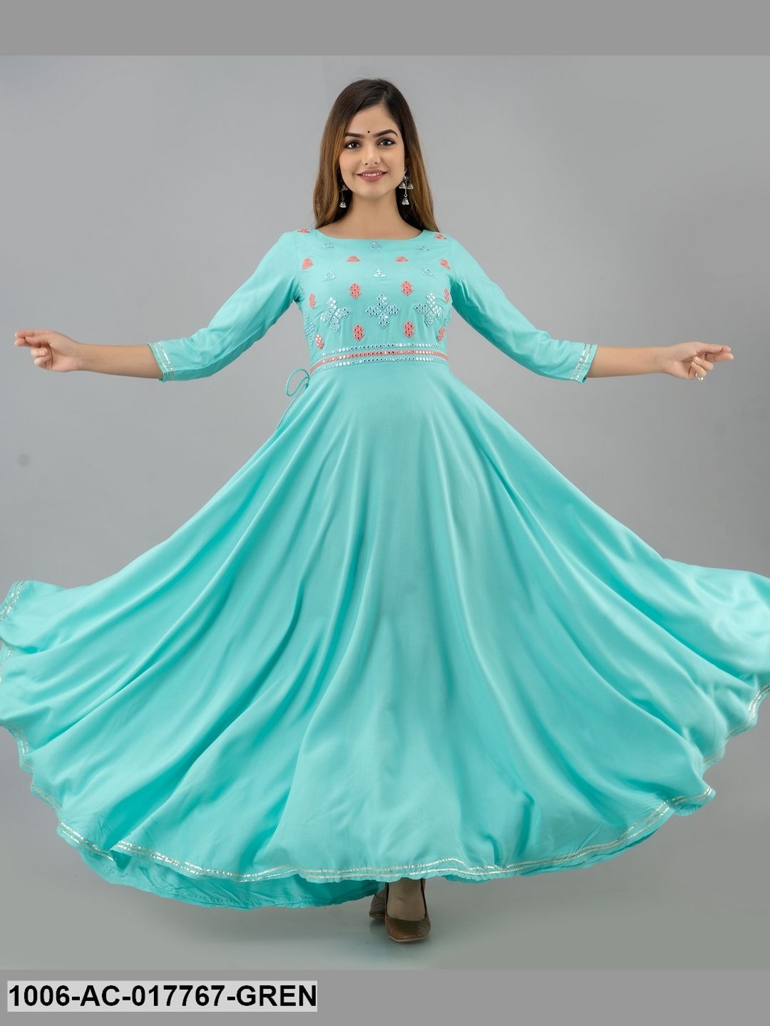 Mirror Work Flared Full Length 3/4 Sleeve Round Neck Rayon Dress