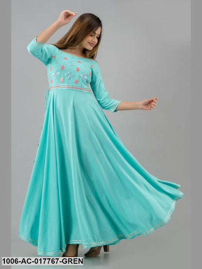 Mirror Work Flared Full Length 3/4 Sleeve Round Neck Rayon Dress