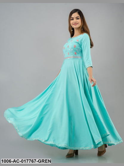 Mirror Work Flared Full Length 3/4 Sleeve Round Neck Rayon Dress