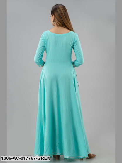 Mirror Work Flared Full Length 3/4 Sleeve Round Neck Rayon Dress