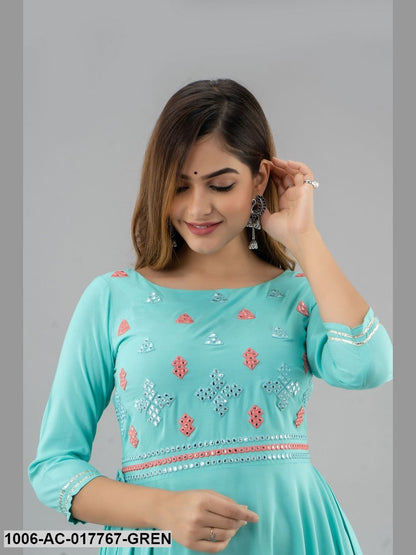 Mirror Work Flared Full Length 3/4 Sleeve Round Neck Rayon Dress