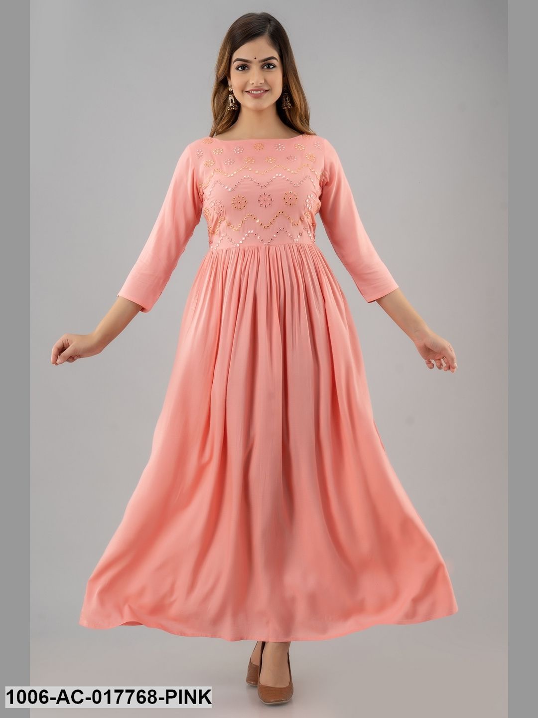 Mirror Work Flared Full Length 3/4 Sleeve Boat Neck Rayon Dress