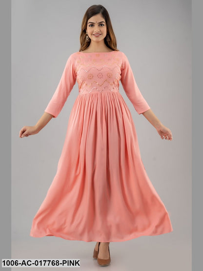 Mirror Work Flared Full Length 3/4 Sleeve Boat Neck Rayon Dress