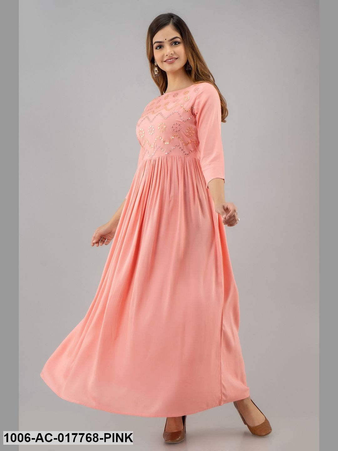 Mirror Work Flared Full Length 3/4 Sleeve Boat Neck Rayon Dress