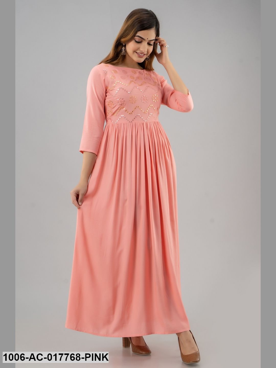 Mirror Work Flared Full Length 3/4 Sleeve Boat Neck Rayon Dress