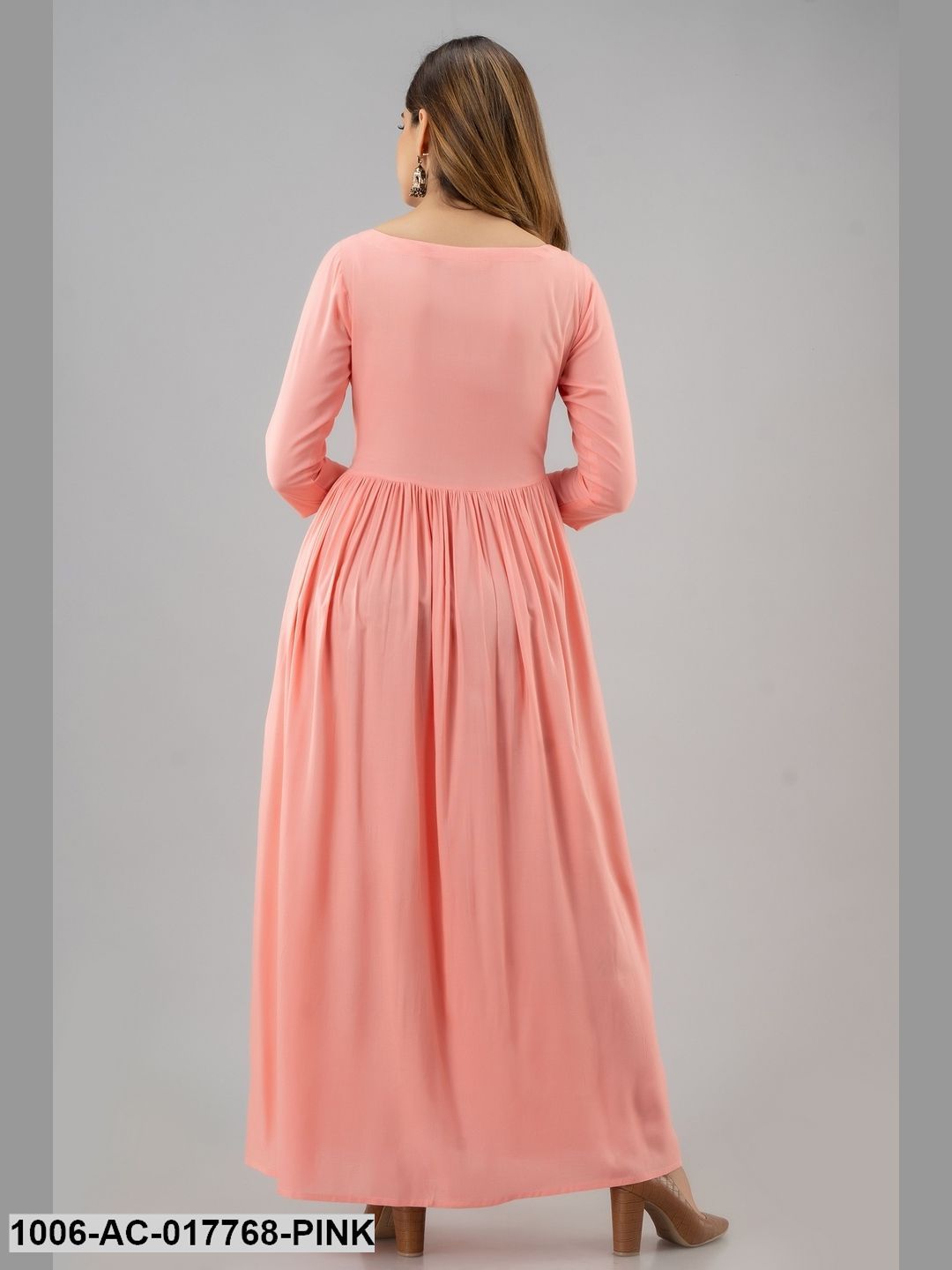 Mirror Work Flared Full Length 3/4 Sleeve Boat Neck Rayon Dress