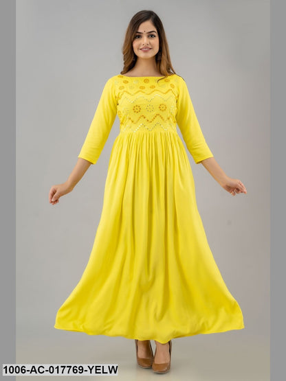 Mirror Work Flared Full Length 3/4 Sleeve Boat Neck Rayon Dress