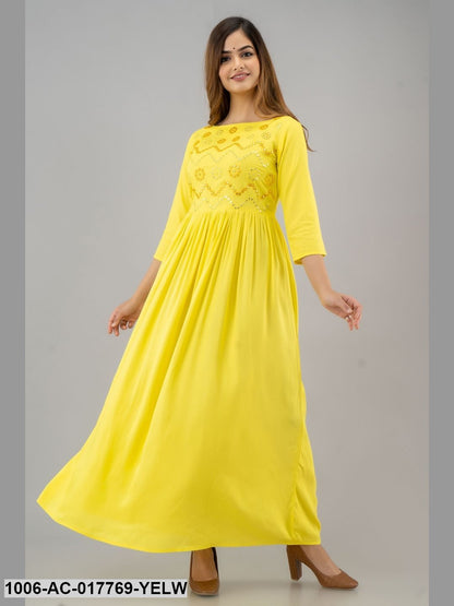 Mirror Work Flared Full Length 3/4 Sleeve Boat Neck Rayon Dress