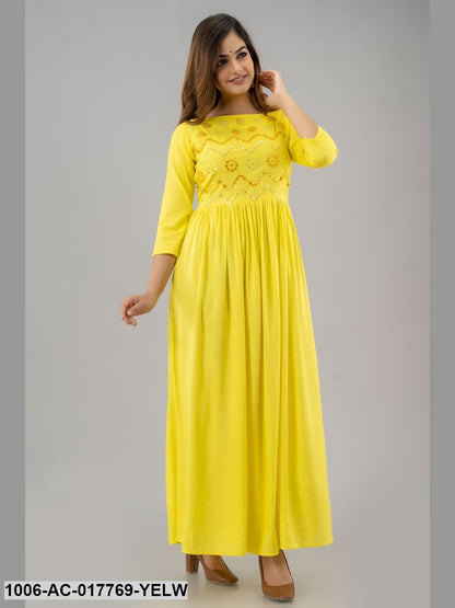 Mirror Work Flared Full Length 3/4 Sleeve Boat Neck Rayon Dress