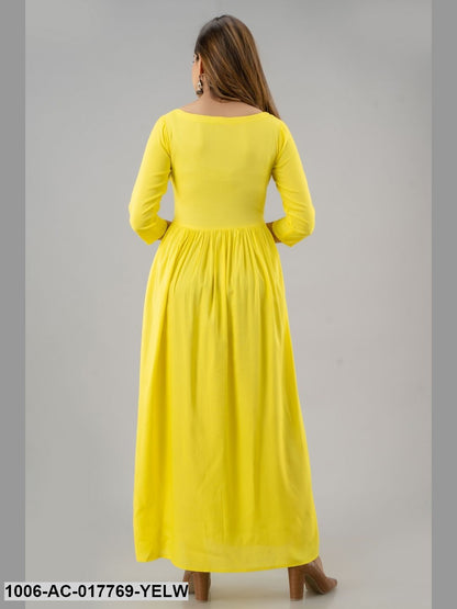 Mirror Work Flared Full Length 3/4 Sleeve Boat Neck Rayon Dress