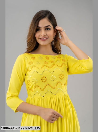 Mirror Work Flared Full Length 3/4 Sleeve Boat Neck Rayon Dress
