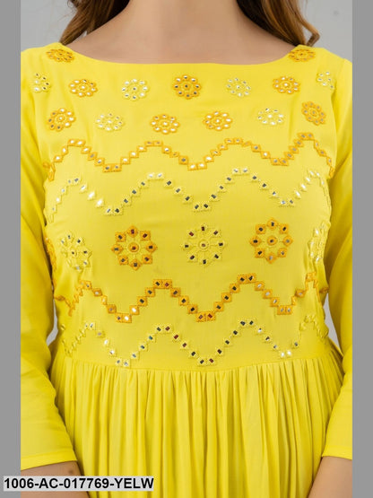 Mirror Work Flared Full Length 3/4 Sleeve Boat Neck Rayon Dress