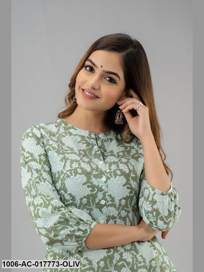Printed Assymetrical Calf Length 3/4 Sleeve Collor Neck Cotton Dress