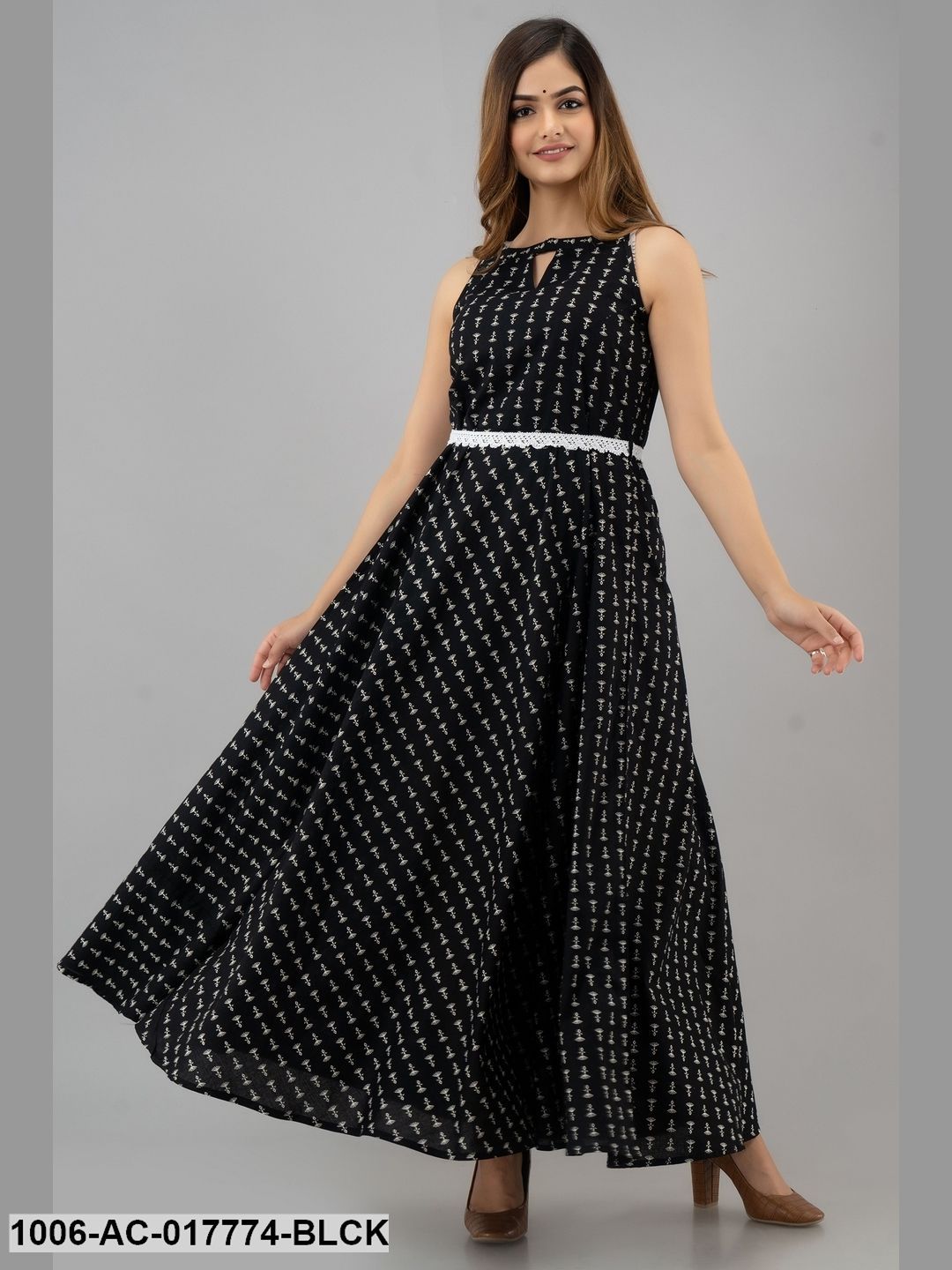 Printed Flared Ankle Length Sleeveless Boat Neck Cotton Dress