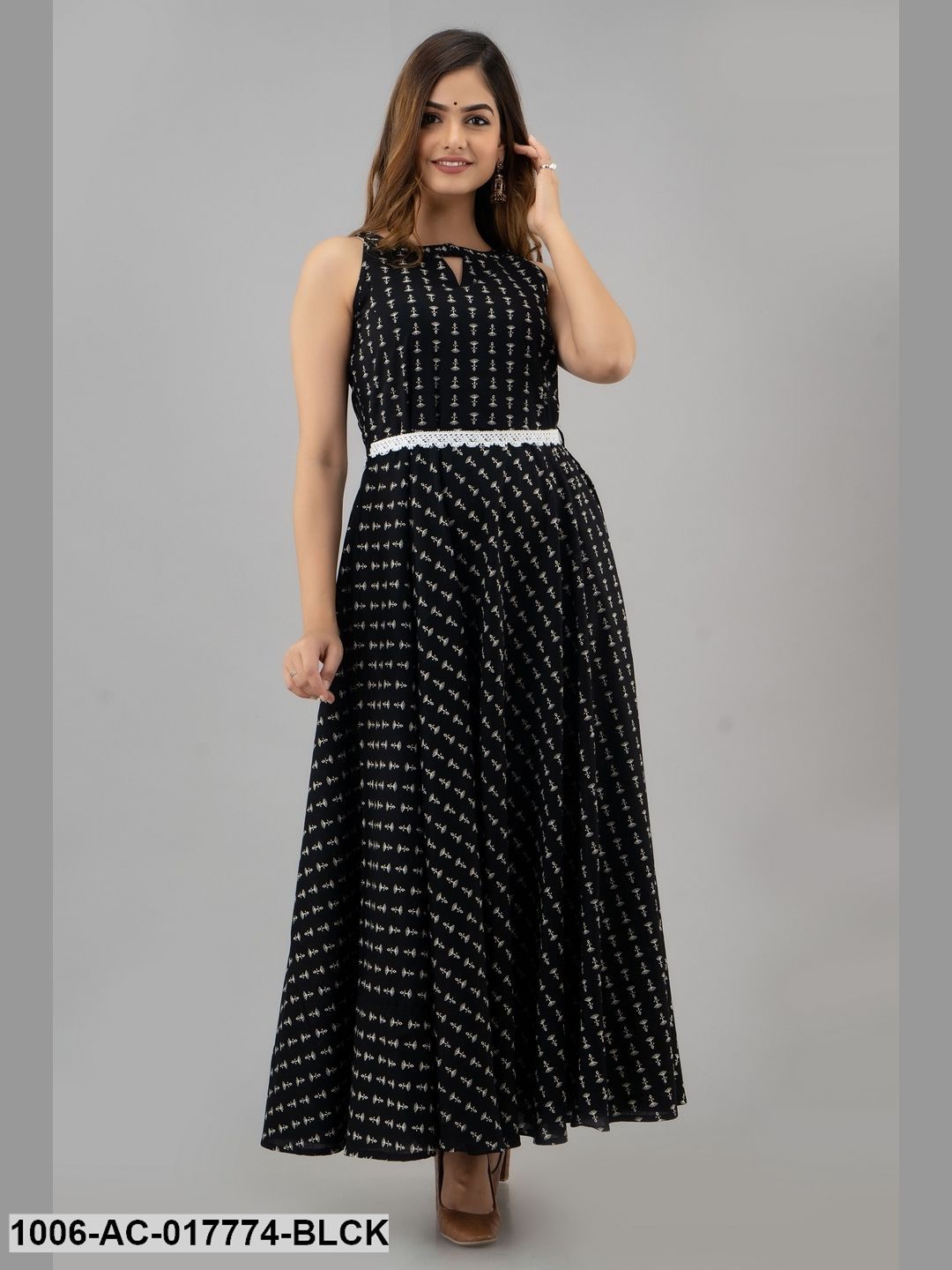 Printed Flared Ankle Length Sleeveless Boat Neck Cotton Dress