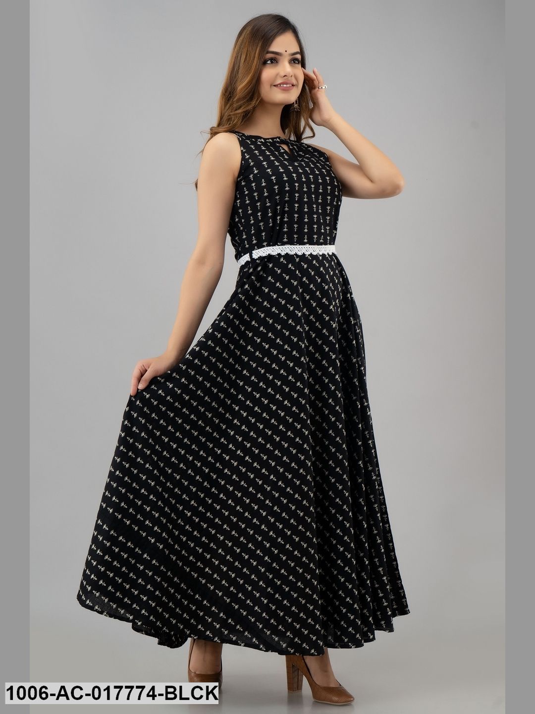 Printed Flared Ankle Length Sleeveless Boat Neck Cotton Dress