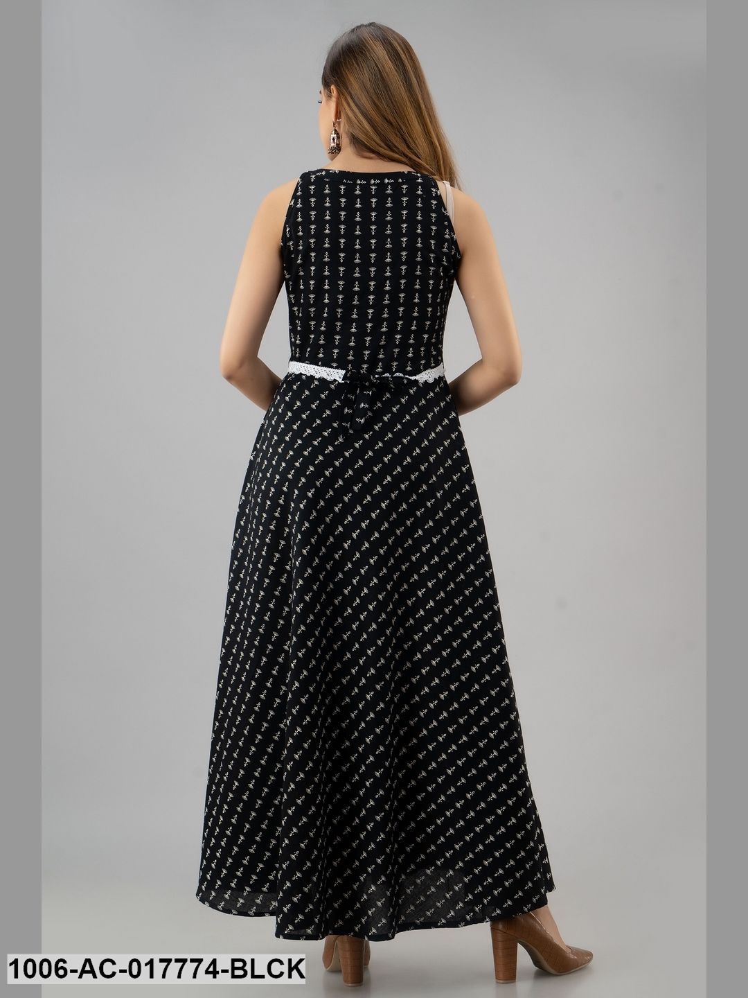 Printed Flared Ankle Length Sleeveless Boat Neck Cotton Dress