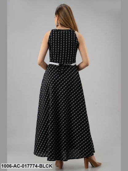 Printed Flared Ankle Length Sleeveless Boat Neck Cotton Dress
