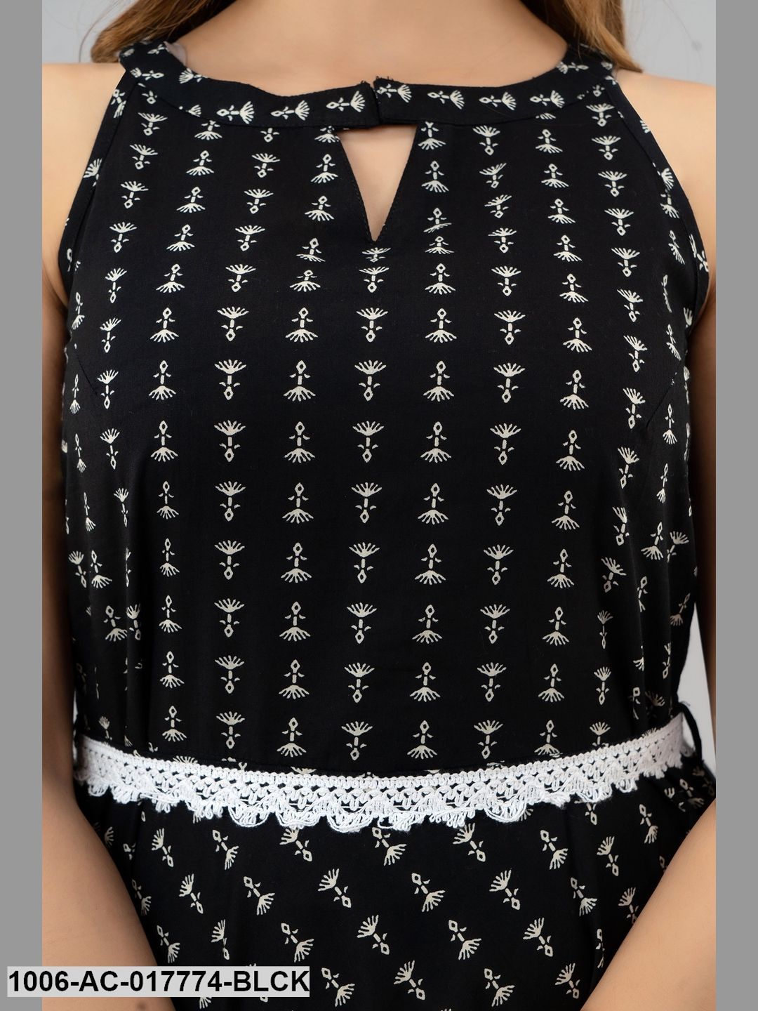 Printed Flared Ankle Length Sleeveless Boat Neck Cotton Dress