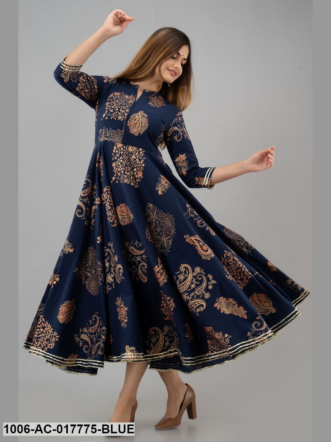 Printed Cotton 3/4 Sleeves Full Length Flared Dress