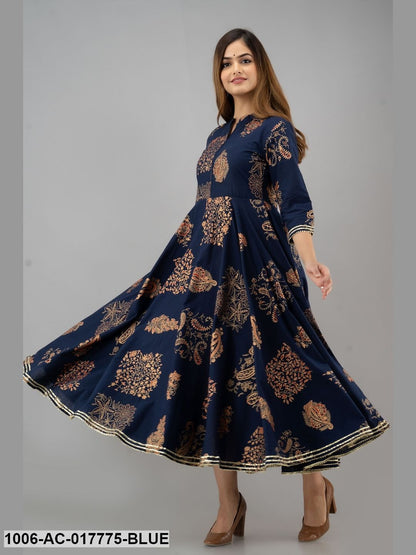 Printed Cotton 3/4 Sleeves Full Length Flared Dress