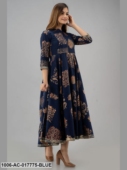 Printed Cotton 3/4 Sleeves Full Length Flared Dress