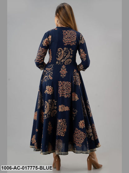 Printed Cotton 3/4 Sleeves Full Length Flared Dress