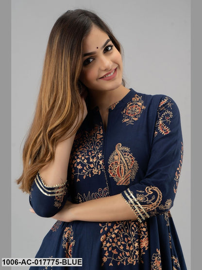 Printed Cotton 3/4 Sleeves Full Length Flared Dress
