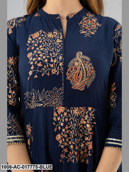 Printed Cotton 3/4 Sleeves Full Length Flared Dress