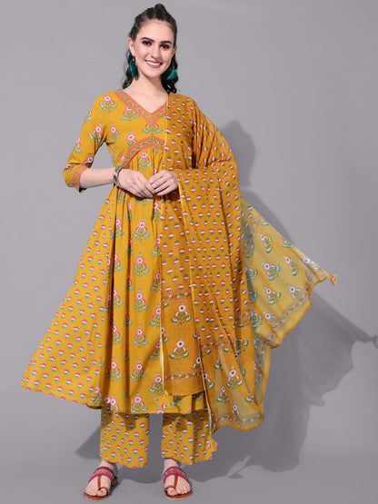 Cotton Calf Length Printed Semi-Flared 3/4 Sleeves V-Neck Kurta Bottom Dupatta Set