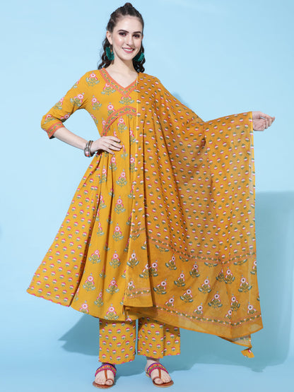 Cotton Calf Length Printed Semi-Flared 3/4 Sleeves V-Neck Kurta Bottom Dupatta Set