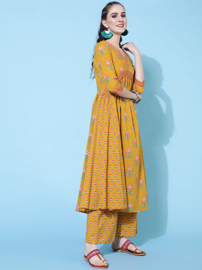 Cotton Calf Length Printed Semi-Flared 3/4 Sleeves V-Neck Kurta Bottom Dupatta Set
